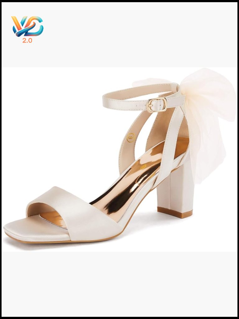 Women's Block Heel Satin Sandals With Bow Ankle Strap Wedding Dress Shoes